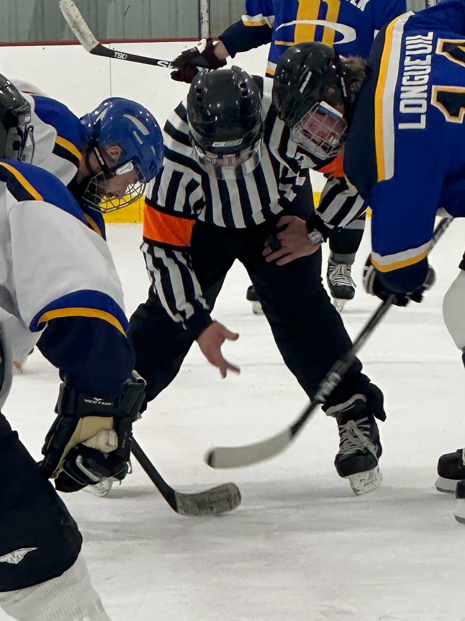 Close-up of the referee dropping the puck at a faceoff